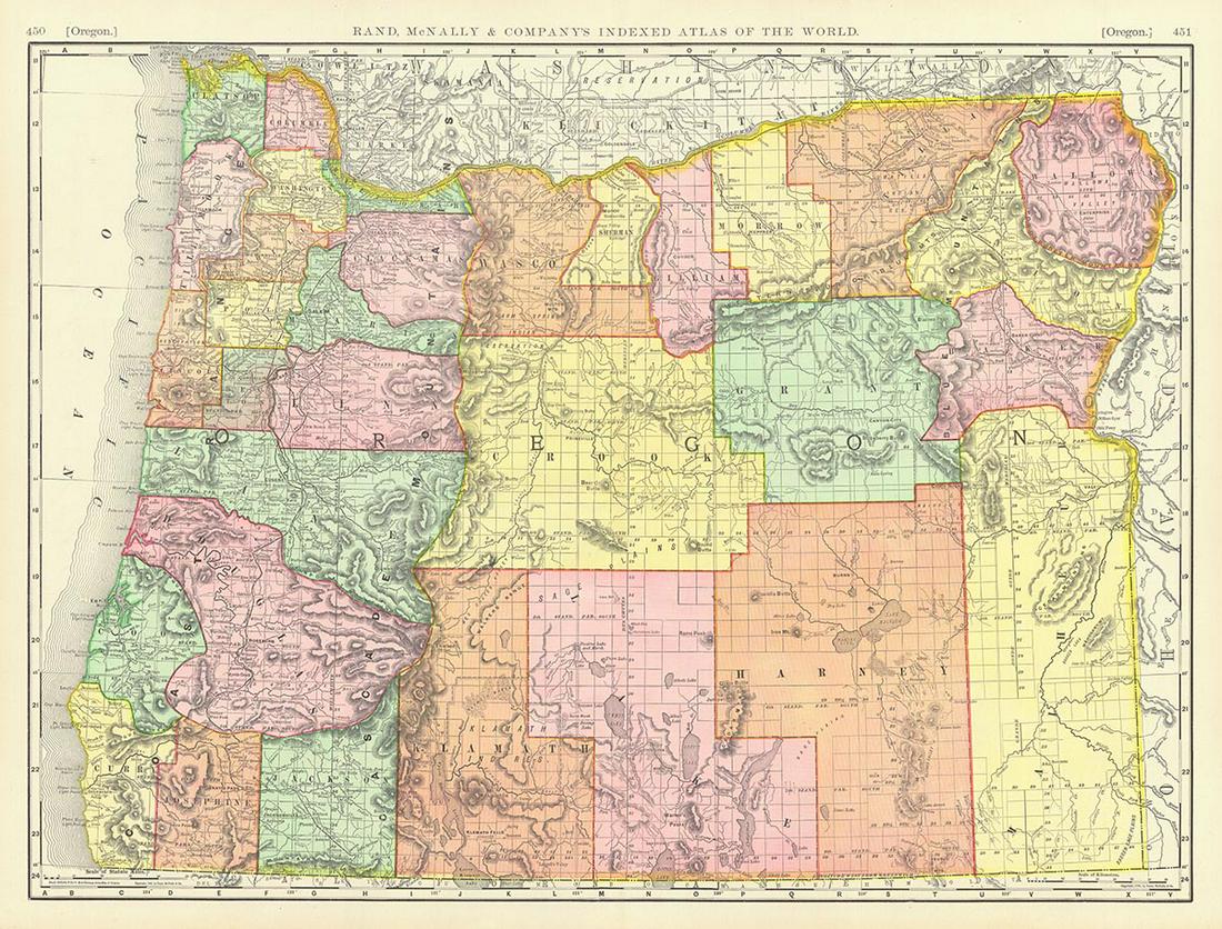 Indexed Atlas of the World Oregon: Title: Indexed Atlas of the World Oregon Publication Date: 1898 Cartographer: RAND, MCNALLY & CO. Publisher: RAND, MCNALLY & CO. Brief Descriptions: Map detailed with counties separately colored, town