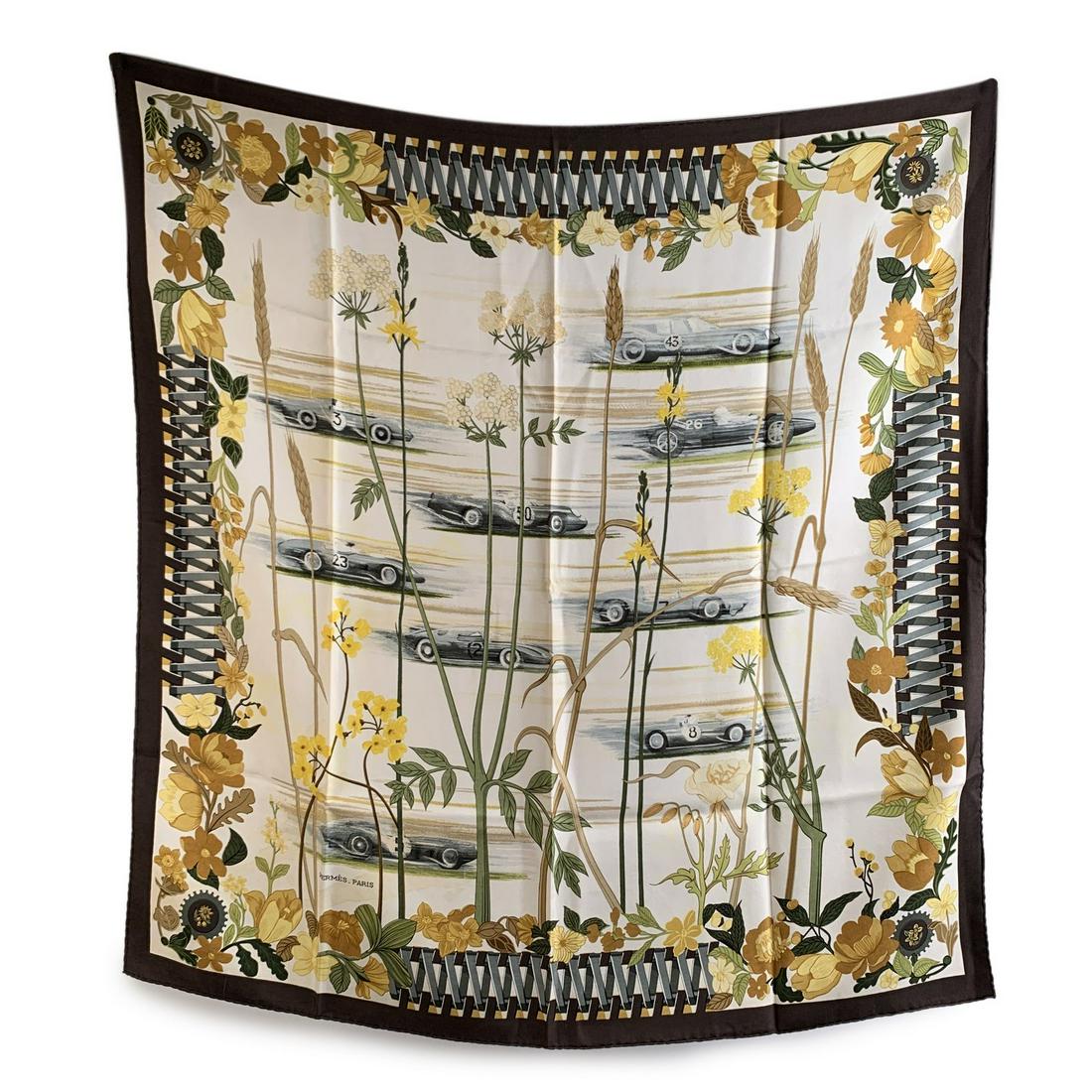 Hermes Vintage Silk Scarf Les Bolides 1967 Rena Dumas: Beautiful 'Les Bolides' Hermes scarf designed by Rena Dumas and first issued in 1967 and re-issued in 1998 and in 2003. This scarf was designed by the mother of the current artistic director of the Fa