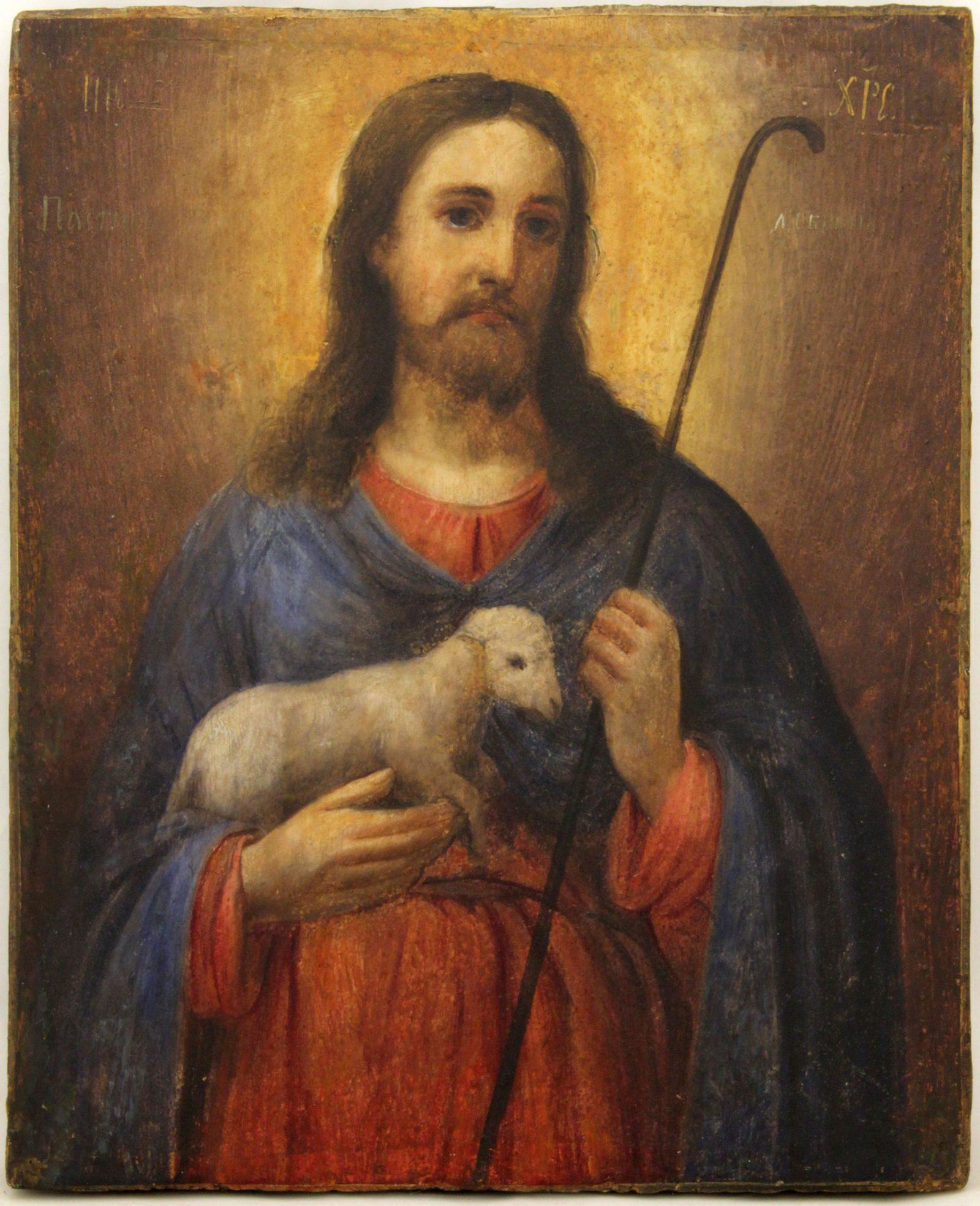 Christ, the Good Shepherd: Russian wooden icon Christ, the Good Shepherd Dimensions: 23 × 28 cm Century: 19 Reserve: $450.00 Shipping: Domestic: Flat-rate of $50.00 to anywhere within the contiguous U.S. International: Foreign