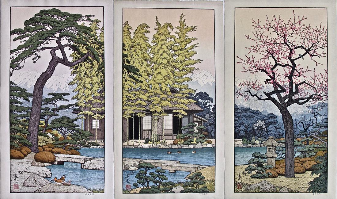 Toshi Yoshida: Friendly Garden triptych: Artist: Toshi YOSHIDA (1911-1995) Subject: Ume (plum), Take (bamboo), Matsu (pine) Series: Friendly Garden (complete) Publisher: Yoshida studio Signature: Toshi lower left, Yoshida Toshi in pencil Dat