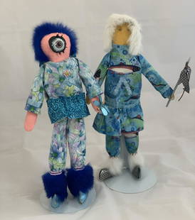 “Spawnee River” and ”Metallic Molly” - Cory Stein: Title: “Spawnee River” and ”Metallic Molly”Artist's Name: Cory SteinDate/Period: 2019Materials: Cloth, Leather, Fur with plastic eyeballDimensions: 13” X 6” X 13”Native American Tribe: