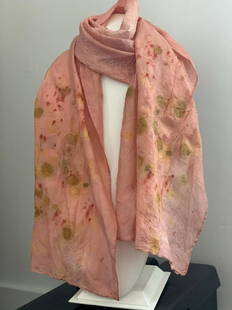 Eco-print Scarf of Silk w/ Cochineal Dye - Gloria Begay: Title: Eco-print scarf of silk with Cochineal dyeArtist's Name: Gloria BegayDate/Period: 2018Materials: Silk, natural dyesDimensions: 72" x 13"Native American Tribe: Description: Silk, hand dyed with