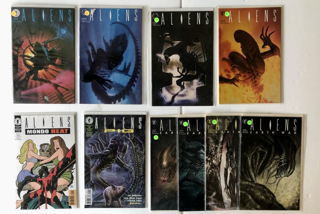 THE ALIENS COLLECTION: Title: THE ALIENS COLLECTION Description: THE ALIENS COLLECTION including Darek Horse Comics #1 of 4 through #4 of 4. Aliens Mondo Heat, Aliens PIG, Aliens Erth War #1, 2,3,4., Aliens Hive #1,2,3,4. T