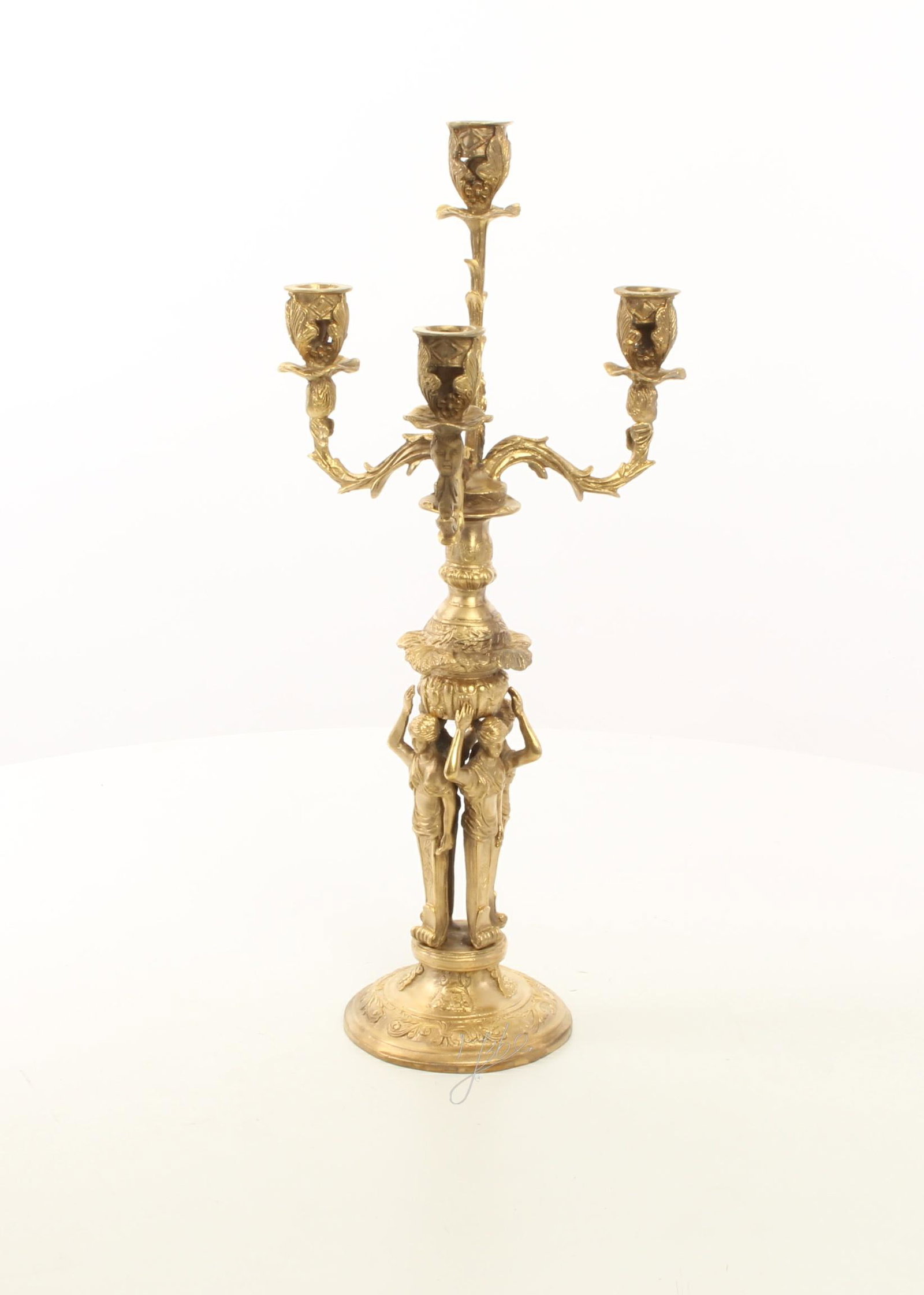 A PAIR OF FOUR LIGHT GILT BRONZE CANDELABRA: Title: A PAIR OF FOUR LIGHT GILT BRONZE CANDELABRA Maker: After Maureau Origin: France Date/Period: 20th century Materials:Gilded Bronze, Italian white marble Dimensions:Dimenions a piece Height 42 cm
