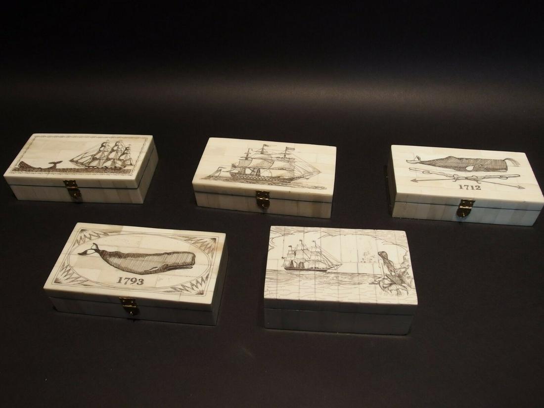 5 Folk Art Scrimshaw Etched Bone & Wood Trinket Box set: Description 5 boxes as shown each are 6 3/8" Long x 3 7/8" Wide x 1 5/8" High Wonderful new reproduction scrimshaw carved bovine bone box. As you can see this piece is tiled with bone on wood and deco