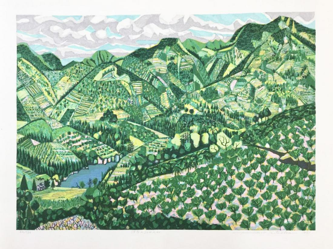 Fumio Kitaoka (1918-2007): Orange Fields At Karihama: Title: ORANGE FIELDS AT KARIHAMA Artist: FUMIO KITAOKA (1918-2007) Date: 1981 Medium: WOODBLOCK Print size:THE PRINT IMAGE MEASURES 15 3/4 X 20 1/2 INCHES PLUS MARGINS Edition:LIMITED EDITION #62/130 