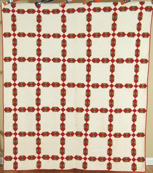Red & Green 9-Patch Hourglass Irish Chain Antique Quilt (1 of 8)
