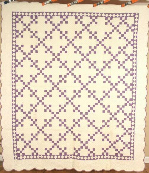 30's Double 9-Patch Quilt, Diamond Border: This cotton 20's/30's lavender and white double nine patch/postage stamp quilt is precisely machine pieced and hand quilted, with 1" postage stamp pieces, diamond border, and scalloped edge.It measure