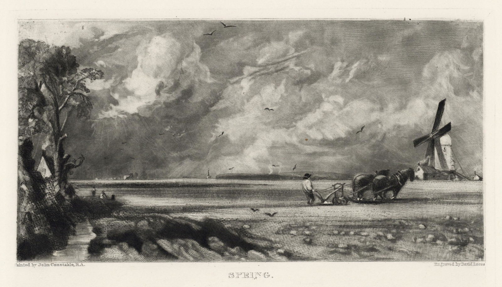 Sir John Constable / David Lucas mezzotint "Spring": This beautiful mezzotint engraving was composed by John Constable and engraved by David Lucas. It is from the much sought-after "English Landscape" series; this impression on cream wove paper is from