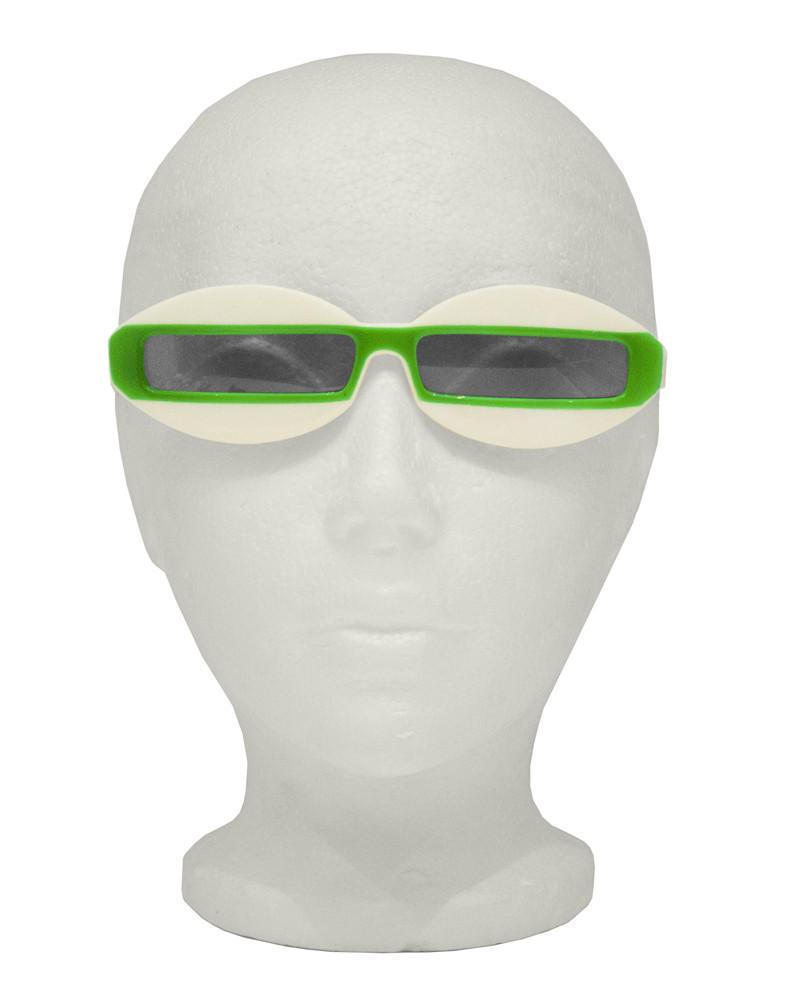 Anonymous Green and White Futuristic Sunglasses: Great looking Italian made Courreges inspired sunglasses from the 1960's. Futuristic style features narrow rectangular lenses on a cream background with a lime green stripe that continues down the arm