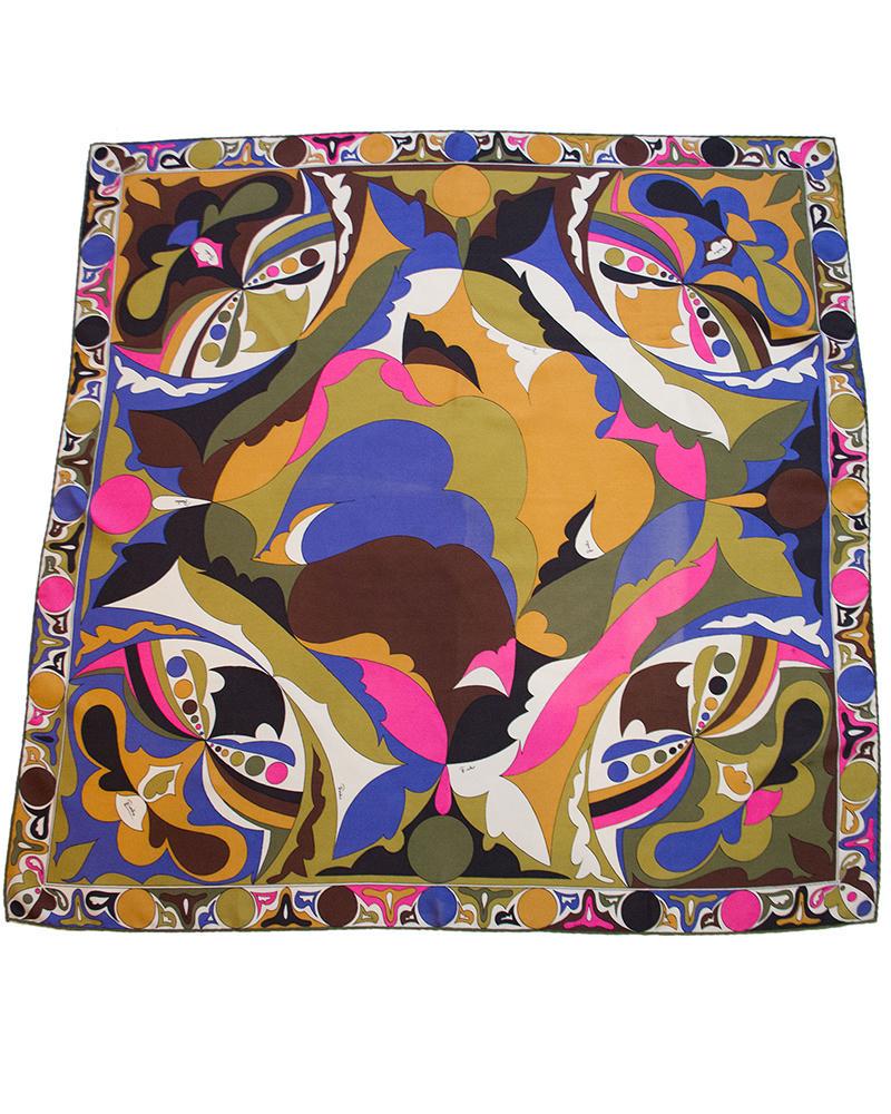 Emilio Pucci Brown, Pink and Forest Green Printed Silk: Beautiful printed silk scarf by Emilio Pucci from the late 1990s. The scarf features a unique geometric print in blue, forest green, pink, gold and black surrounded by a border. In very good condition