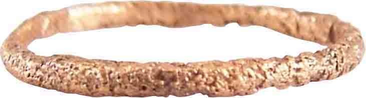 VIKING WEDDING RING, LATE 9TH-11TH CENTURY SIZE 4 ½: Late 9th-early 11th century AD. Gilt bronze, size 4 ½ for the small finger as was the custom. Narrowband, 1.6mm. Textured from burial and professionally refurbished with the 24karat gold overla