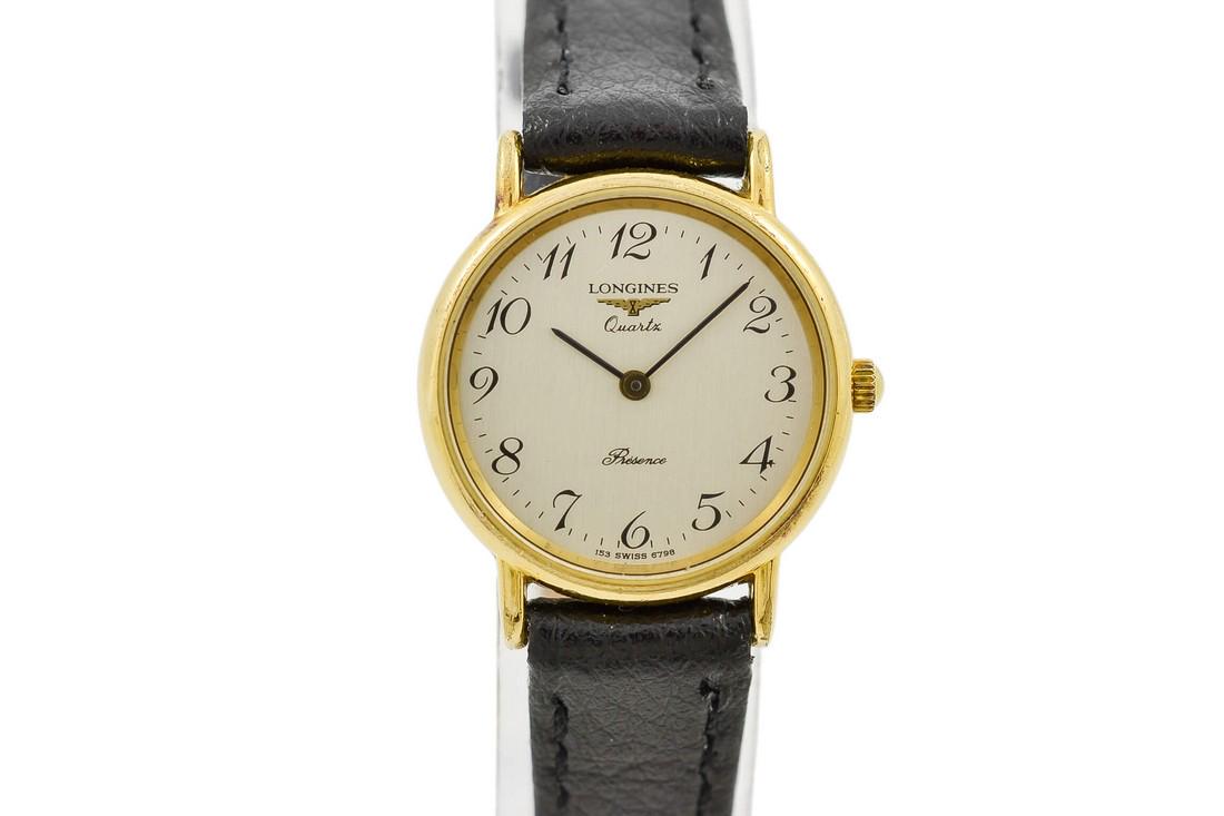 Vintage Longines Presence Swiss 6798 Quartz Ladies: Title: Vintage Longines Presence Swiss 6798 Quartz Ladies Watch Brand: Longines Date: 1980's Model: Presence Movement: Quartz Functions: Time Case Metal: Gold Plated Case Size: 24mm X 28mm Diamonds/Ge