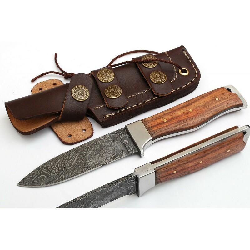 Damascus steel knife, with original cow hide leather: Knife "Spark" made of damask steel. Handle – wood , scabbard - cow hide leather . Damascus knives are very durable, look great and keep sharpness perfectly. Damascus steel has high quality contents 