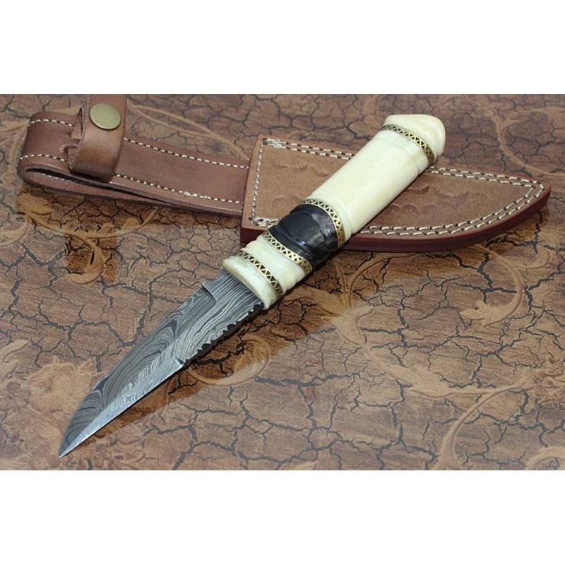 Damascus steel knife, with original cow hide sheath,: Knife "Smacker" made of damask steel. Handle – camel bone, scabbard - cow hide . Damascus knives are very durable, look great and keep sharpness perfectly. Damascus steel has high quality contents t