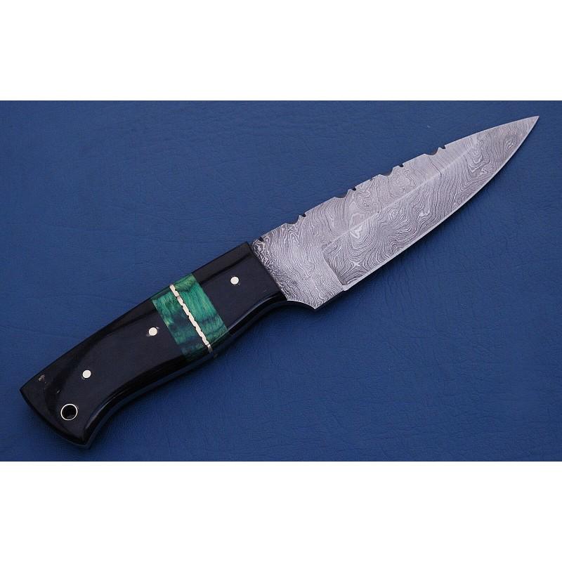 Damascus steel knife, with original cow hide sheath,: Knife "Skinner" made of damask steel. Handle – wood , scabbard - cow hide. Damascus knives are very durable, look great and keep sharpness perfectly. Damascus steel has high quality contents to give