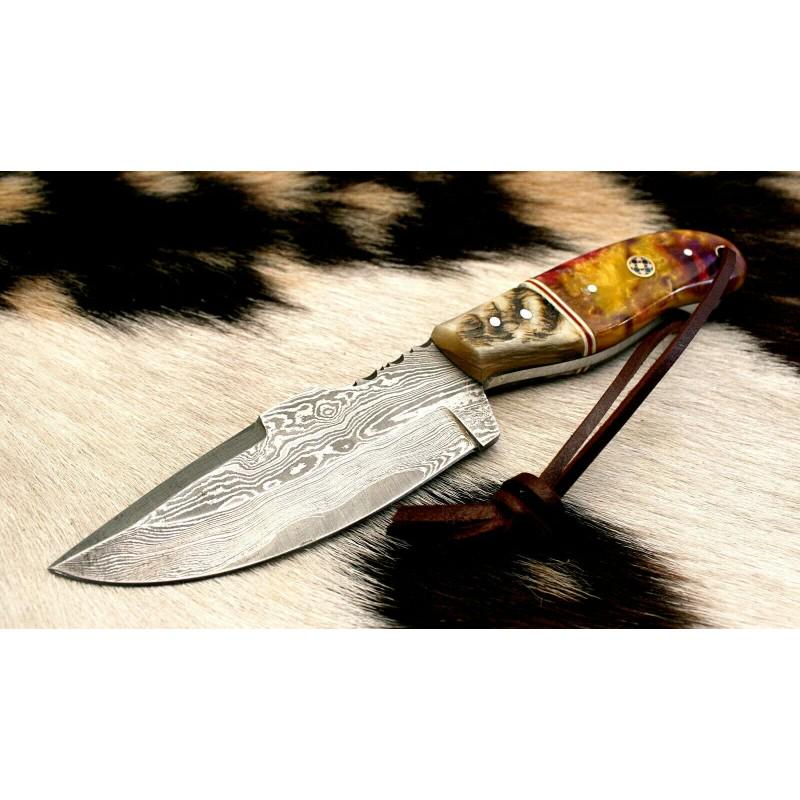 Damascus steel knife,with cow hide sheath,resin: Knife "Clobber" made of damask steel. Handle – resin, scabbard - cow hide. Damascus knives are very durable, look great and keep sharpness perfectly. Damascus steel has high quality contents to give
