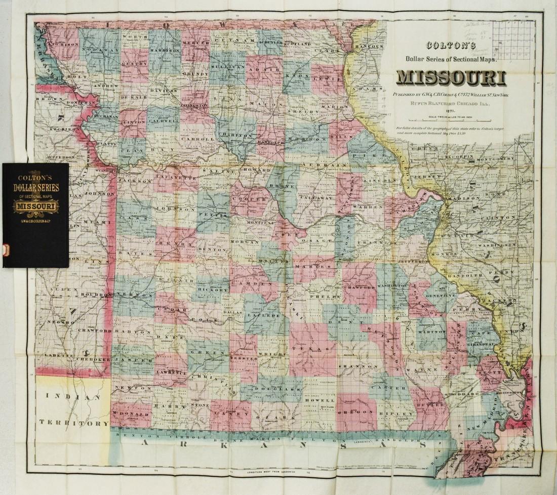 1871 Colton Map of Missouri -- Colton's Dollar Series: Title/Content of Map: 1871 Colton Map of Missouri -- Colton's Dollar Series of Sectional Maps. Missouri Cartographer: GW & CB Colton Year/Place: 1871, New York Size: 26.9 X 29.9 in. This is a superb f