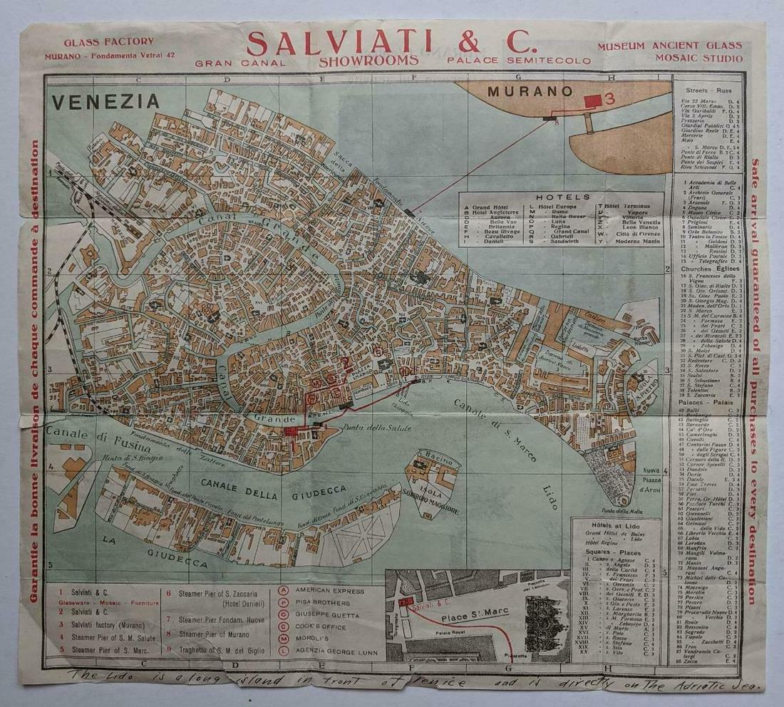 SALVIATI & CO MURANO ART GLASS ADVERTISEMENT, LIDO MAP: SALVIATI & CO MURANO ART GLASS ADVERTISEMENT, LIDO MAP ITALY w GLASS BLOWER ART SALVIATI & CO MURANO ART GLASS ADVERTISEMENT, LIDO MAP ITALY w GLASS BLOWER ART Description Antique Advertisement Map of