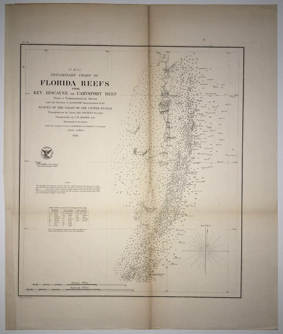 (F No.4) Preliminary Chart of Florida Reefs from Key: Title/Content of Map: (F No.4) Preliminary Chart of Florida Reefs from Key Biscayne to Carysfort Reef... Publication Date: 1855 Cartographer: Totten, Jas./I. Hull Adams Publisher: U.S. Coast Survey De