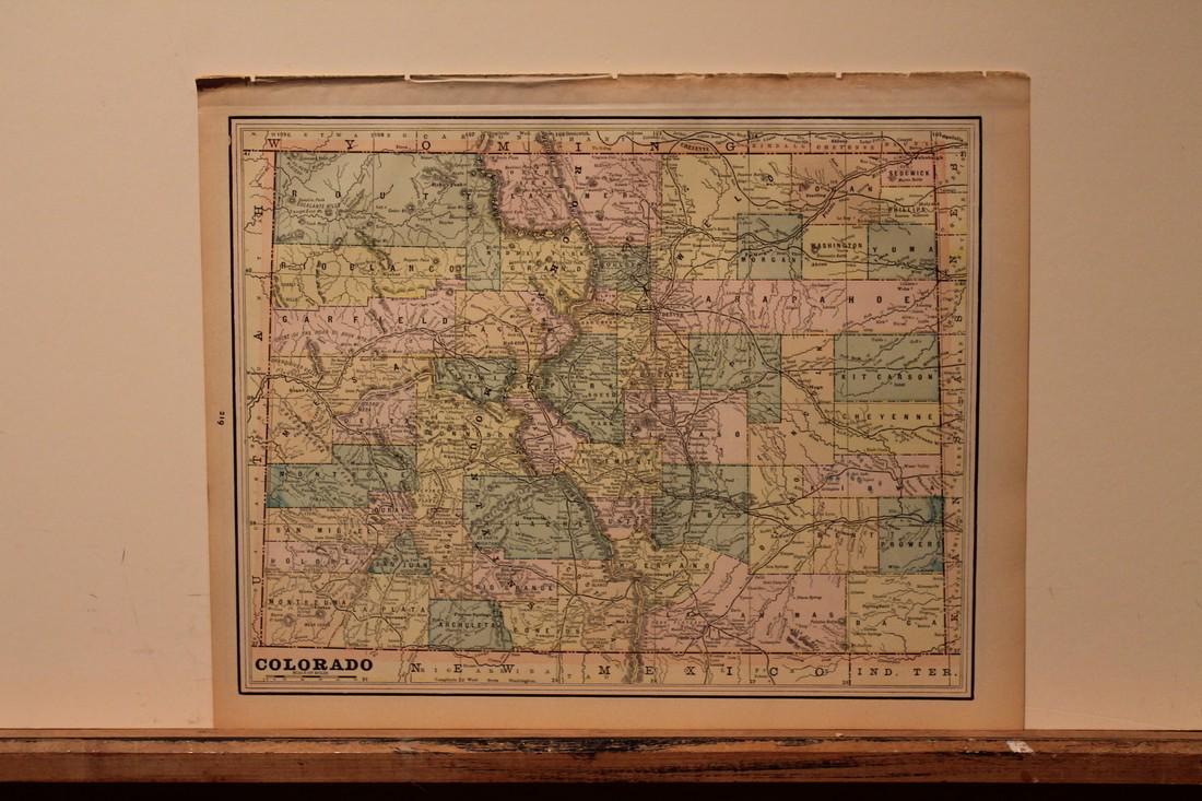 1893 Map of Colorado: Title: 1893 Map of Colorado Medium: Ink on Paper Dimensions: 14.5"X11.5" Map of Colorado dated 1893. Part of the Standard Atlas of the World, World's Fair Edition. Color coded for territorial division
