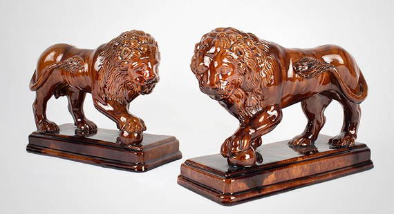 Antique Standing Lion Figures on Plinth: 605-126 Antique Standing Lion Figures on Plinth, Molded Redware, Rockingham-Glazed A handsome pair with only very minor imperfections, couple tiny chips to bottom of base; one ear with chip, they