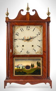 Pillar and Scroll Clock, Eli Terry & Sons,: 605-127 Pillar and Scroll Clock, Eli Terry & Sons, Plymouth, Connecticut, Circa 1823-1825 Retains label of Eli Terry (1772-1852) Mahogany and burl veneered chimneys (Height: 31.25”; width: 17.25";