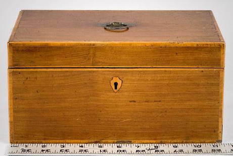 Mahogany Tea Box: 424-7 Mahogany Tea Box Circa 1820; The rectangular lid with silver fitting above a conforming case containing two foil-lined mahogany tea boxes, with hinged lids and inlayed edges. All edges of the