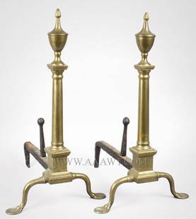 Brass Andirons, Stepped Penny Feet,: 424-125 Brass Andirons, Stepped Penny Feet, Vertical Ribbing atop Urn Finial ; Last Quarter 18th Century Probably Philadelphia Featuring cast log stops with ball terminus Excellent condition, (H: