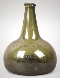 Wine Bottle, Blown, Light Amber Green,: 424-164 Wine Bottle, Blown, Light Amber Green, String Lip Dutch 18th Century; Tight and small star, tiny chip to rim, else fine ; (H: 7.5”) Reserve: $150.00 Shipping:Domestic: Shipping rates are