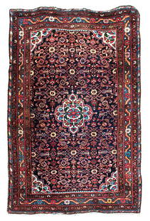 Persian Hand Knotted Antique Blue & Mauve Hamadan: 424-177 Persian Hand Knotted Antique Blue & Mauve Hamadan Tribal Rug, Circa 1930 Nuances of color, multiple borders…intricate and tight design; blue, mauve, cream, red, black, and brown all working