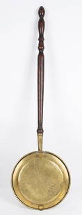 Warming Pan, Bed Warmer, Best Peafowl Engraving, Brass,: 424-204 Warming Pan, Bed Warmer, Best Peafowl Engraving, Brass, Turned Handle Likely American, Circa 1750 to 1760Brass, copper, turned ash handle retains original surface (L: 41”, pan diameter: