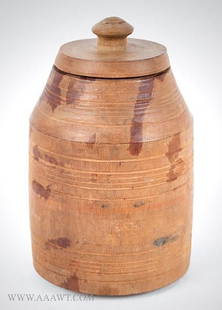 Treen Jar, Lidded, Turned in the Round, Conical: 424-206 Treen Jar, Lidded, Turned in the Round, Conical Shoulder, Incised Vintage (Chip to lid knob, else fine; height: 8.5”) Reserve: $75.00 Shipping:Domestic: Shipping rates are determined by