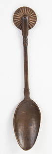 Jagging Wheel with Teaspoon, Pie Crimper, Hand Wrought: 424-212 Jagging Wheel with Teaspoon, Pie Crimper, Hand Wrought Brass, Filed Anonymous, 18th Century A scarcely encountered tool in great color and patina (Length: 6.5”) Reserve: $150.00 