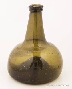 Blown Black Glass Wine Bottle, Horse Hoof, Onion with: 424-222 Blown Black Glass Wine Bottle, Horse Hoof, Onion with Pontil, String Lip Dutch, Early 18th Century Light amber green, bubbles (Good condition with some abrasion limited to upper interior of