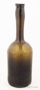 Blown Black Glass Wine Bottle, Cylinder, Constantia: 424-225 Blown Black Glass Wine Bottle, Cylinder, Constantia Wine, Long Spindle Neck Dutch, Circa 1760 to 1780 (Good condition other than light abrading and scratches; H: 11.5") Reserve: $125.00 