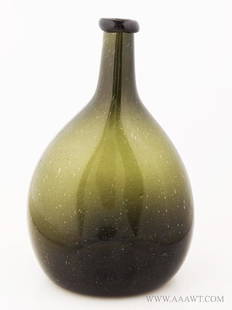 Antique Chestnut Bottle, Free Blown Globular Flask,: 424-227 Antique Chestnut Bottle, Free Blown Globular Flask, Green, Seed Bubbles New England, Circa 1780 to 1830 Outward rolled collared mouth, clean pontil scar, Fine condition, H: 8.25" Reserve: