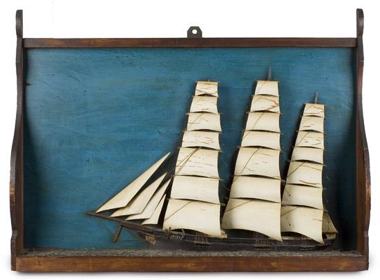 Diorama Of Clipper Ship Daisy: 637-48 Diorama Of Clipper Ship Daisy. New England Late 19th Century As depicted, an unusual and successful work depicting the Clipper Ship Daisy, her bow displaying a painted American flag...her three