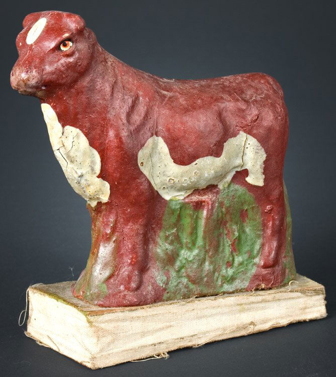 Cow Squeak Toy, Paper mache: SHF236 Cow Squeak Toy, Paper mache, Good paint Germany, 19th Century (Overall good condition, squeak is silent; height: 4.5”) Reserve: $75.00 Shipping: Domestic: Shipping rates are determined by des