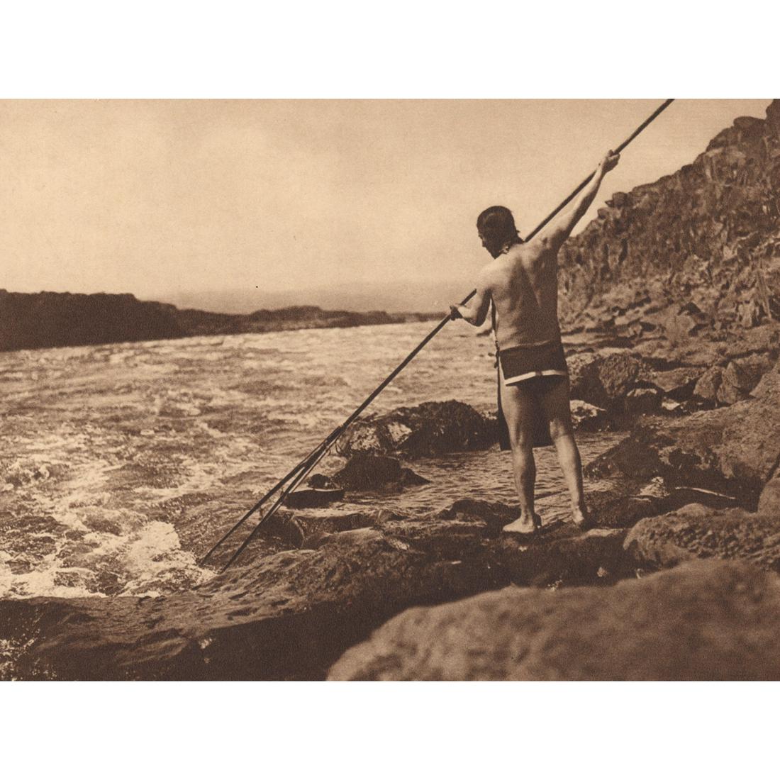 EDWARD CURTIS - Spearing Salmon-Wishham, 1909: Artist: EDWARD CURTIS Print Title: Spearing Salmon-Wishham, 1909 Medium:Sepia-tone Sheet-fed Gravure Printing Date: 1970's Printed in Switzerland Image Size approx: 5.75 x 7.5 inches Edward S. Curtis 