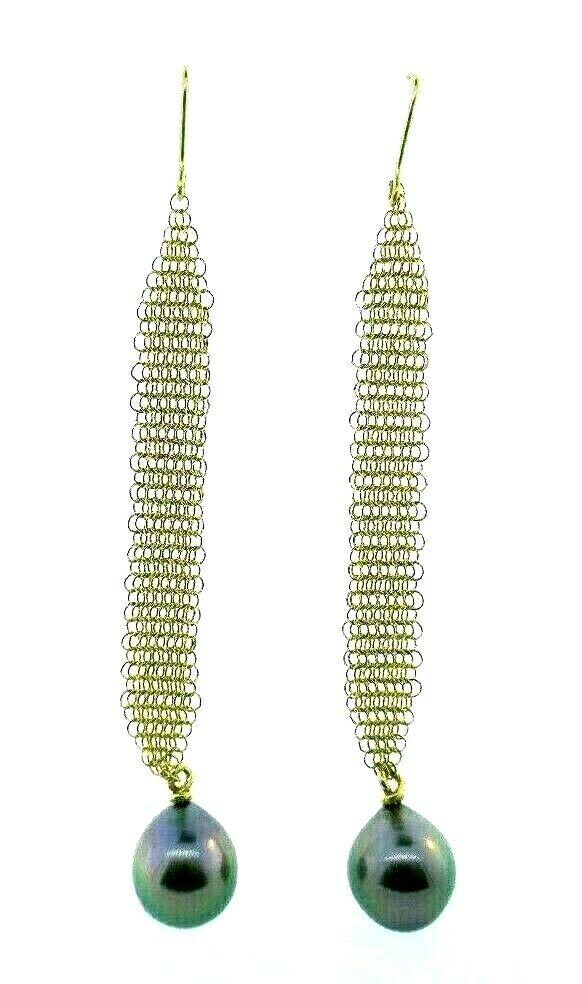 TIFFANY & CO. ELSA PERETTI 18k Yellow Gold & Tahitian: Tiffany & Co. Elsa Peretti 18k Yellow Gold Mesh & Tahitian Pearl Drop Earrings DK · This is a must for a collector. The weight is 4.6 grams. The length is 3 inches. The width of pearl is 3/8 of an in