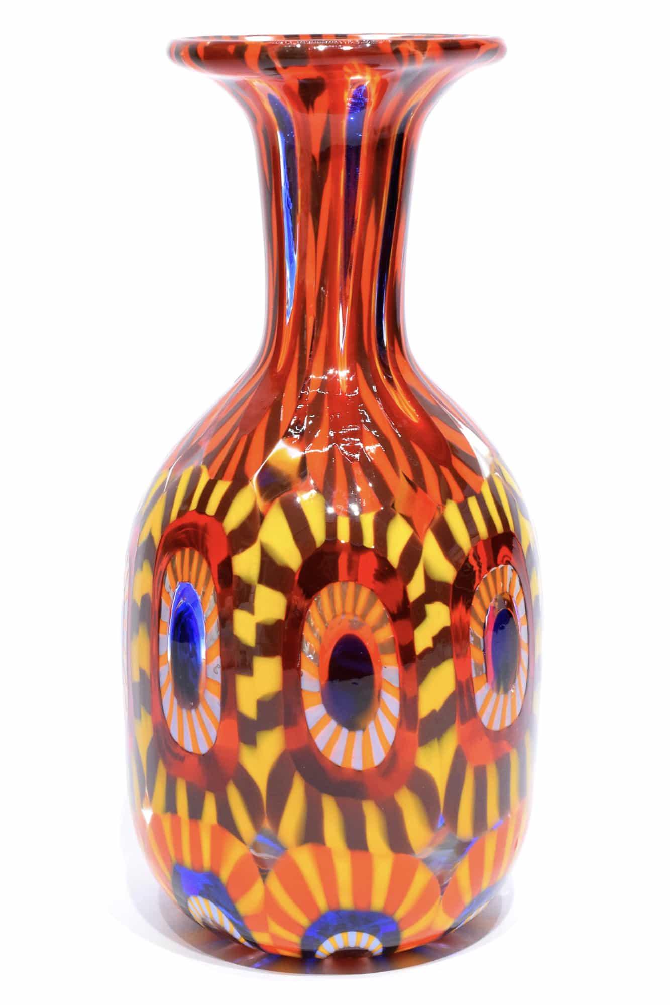 Murano glass millefiori vase signed: Title: Murano glass millefiori vase signed Maker: Mario Formentello Origin: Murano Date/Period: 2019 Material: Glass Size: H. 17 cm, L. 8,5 cm, P. 280 grams Additional Information: Murano glass millef