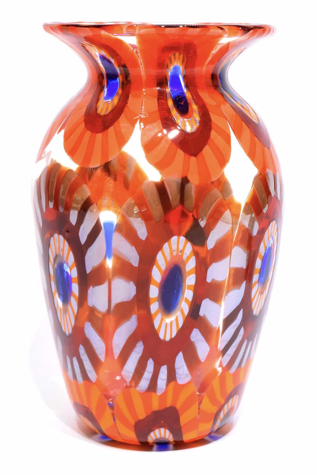 Murano glass millefiori vase signed: Title: Murano glass millefiori vase signed Maker: Mario Formentello Origin: Murano Date/Period: 2019 Material: Glass Size: H. 14,5 cm, L. 9 cm, P. 280 grams Additional Information: Murano glass millef