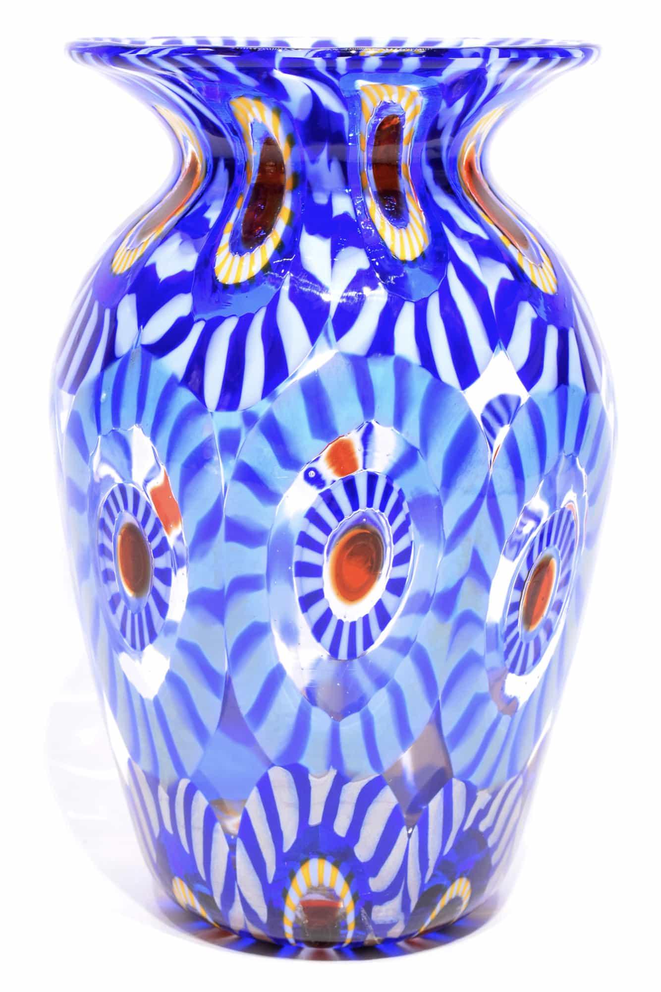 Murano glass millefiori vase signed: Title: Murano glass millefiori vase signed Maker: Mario Formentello Origin: Murano Date/Period: 2019 Material: Glass Size: H. 14 cm, L. 9 cm, P. 280 grams Additional Information: Murano glass millefio