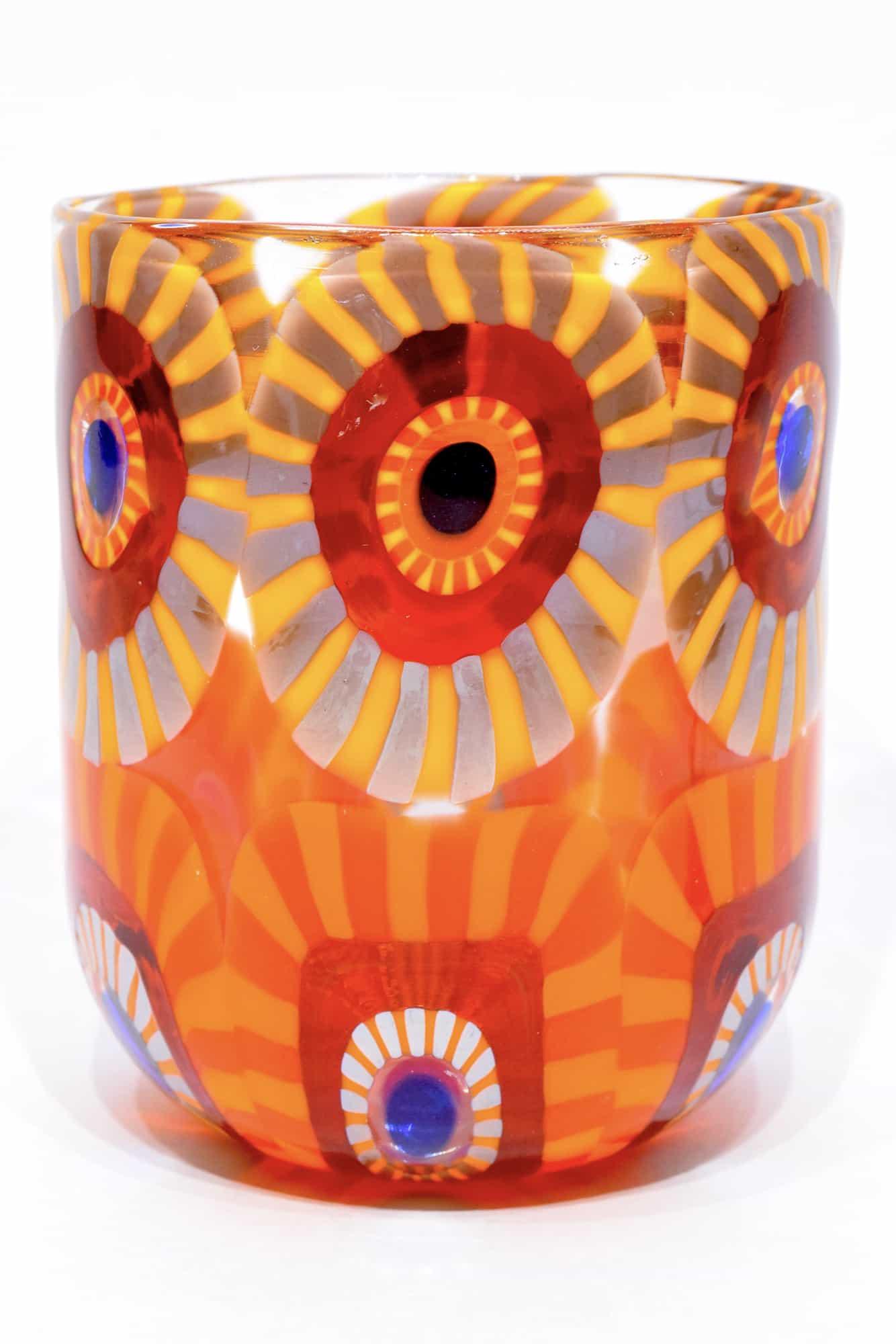 Murano glass vase goto with murrine signed: Title: Murano glass vase goto with murrine signed Maker: Mario Formentello Origin: Murano Date/Period: 2019 Material: glass Size: H. 9,5 cm, L. 8 cm, P. 140 grams Additional Information: Murano glass 