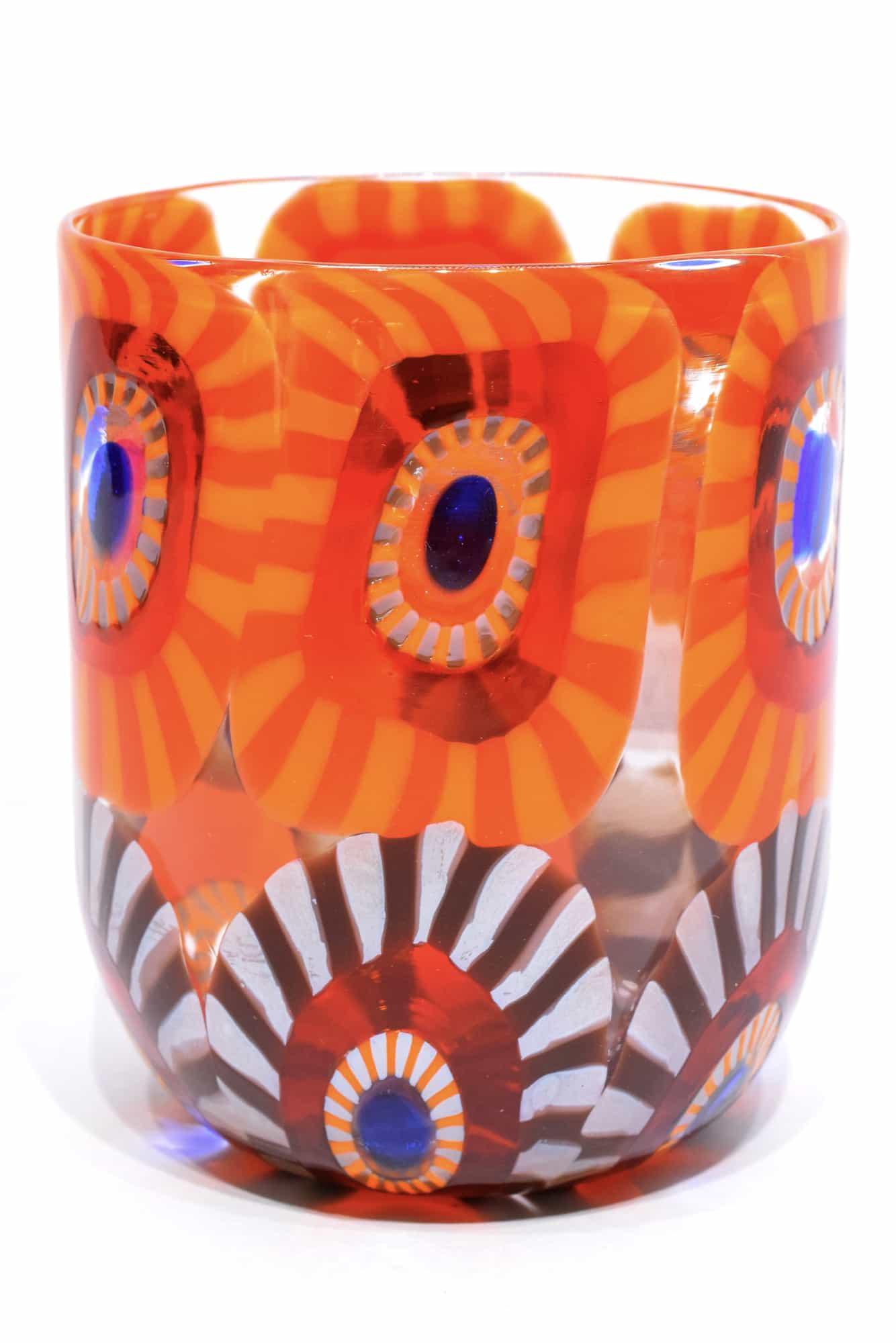 Murano glass vase goto with murrine signed: Title: Murano glass vase goto with murrine signed Maker: Mario Formentello Origin: Murano Date/Period: 2019 Material: glass Size: H. 10 cm, L. 8 cm, P. 155 grams Additional Information: Murano glass v