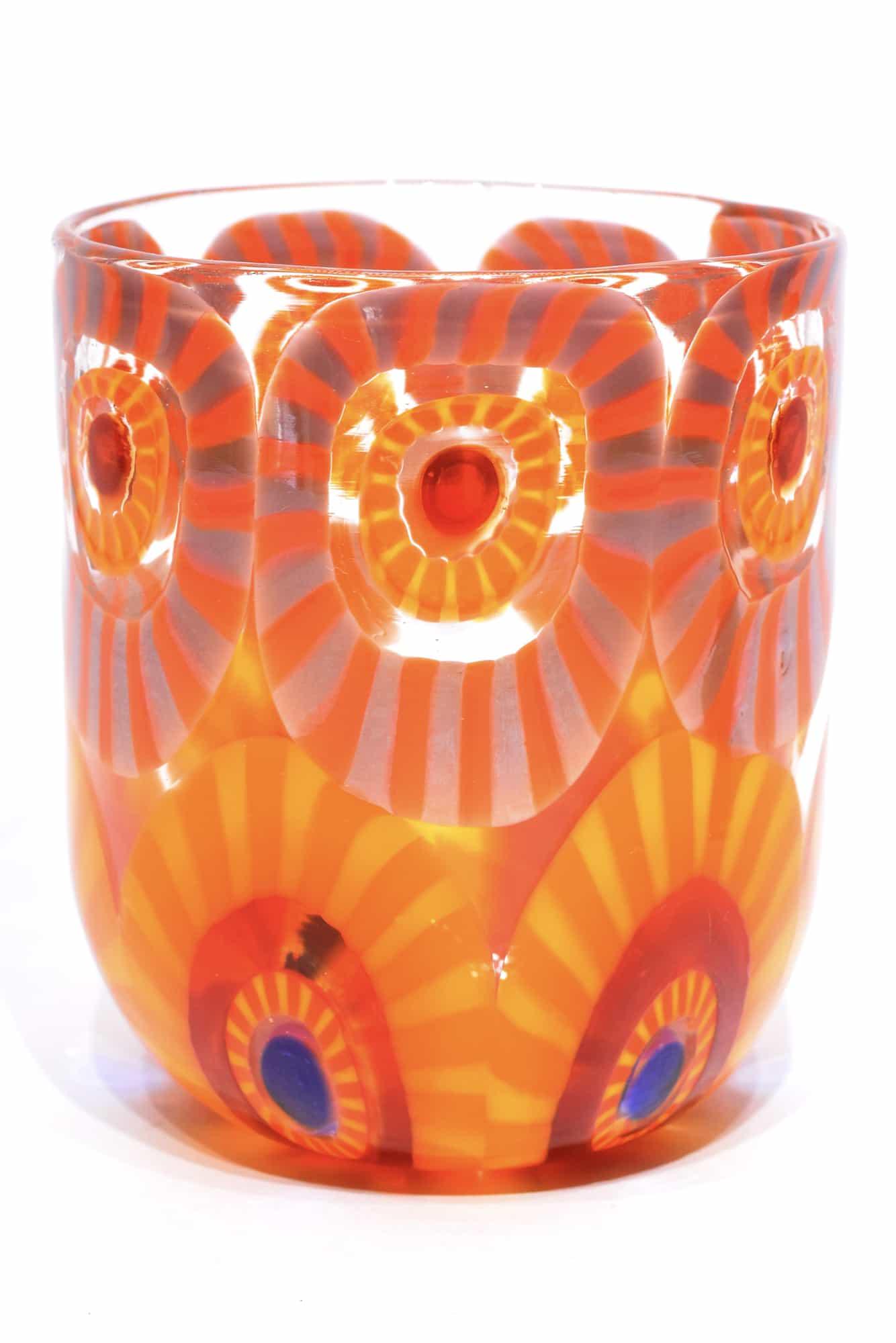 Murano glass vase goto with murrine signed: Title: Murano glass vase goto with murrine signed Maker: Mario Formentello Origin: Murano Date/Period: 2019 Material: glass Size: H. 9,5 cm, L. 8 cm, P. 140 grams Additional Information: Murano glass 