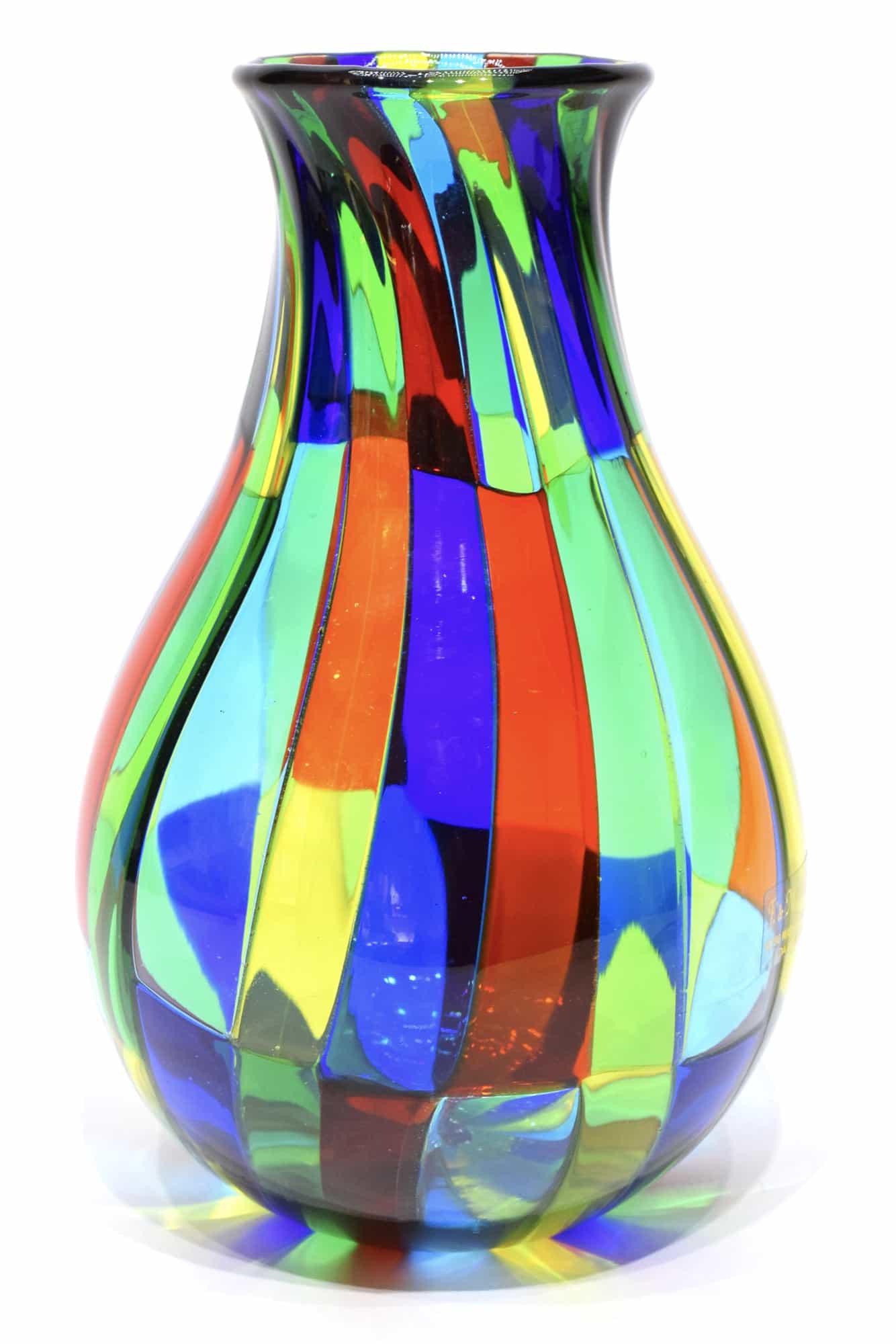 Murano glass vase pezzato signed: Title: Murano glass vase pezzato signed Maker: Angelo Ballarin Origin: Murano Date/Period: 2018 Material: glass Size: 19 x 11,5 cm 325 grams Additional Information: Glass vase pezzato, made by glass m