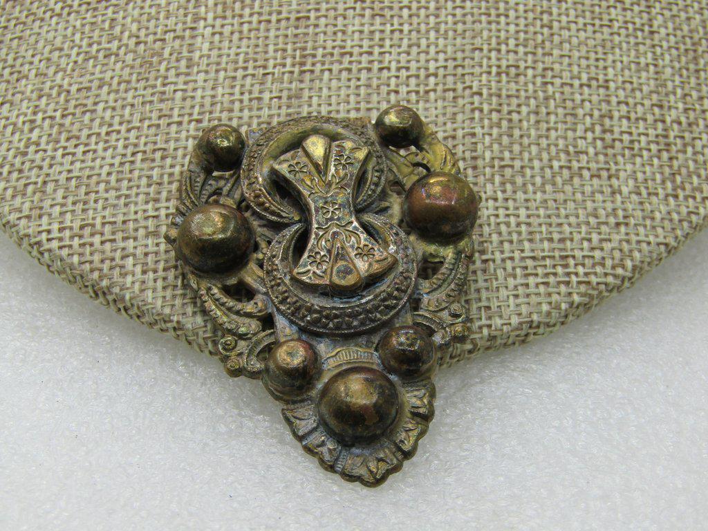 Antique Tiered Victorian Dress Clip, Brass, 2", 1980's: Antique Victorian Dress Clip, Brass, 2" by 1.5", triangular design with tiered stamped design and half-ball bead accents. Sturdy hinged clip. 1800's with some wear mostly on the bead accents. Good con