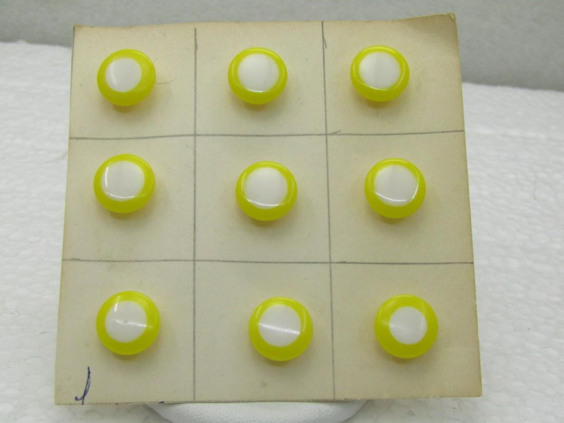 9 Vintage Lemon Yellow & White Shanked Buttons, 1/2": 9 Vintage Lemon Yellow & White Shanked Buttons, 1/2" Plastic, Mid-Century. Yellow button with white center, plastic. Very good condition. Great for blouses, sweaters, dresses. (Inv. W121518.3 SS1567 J
